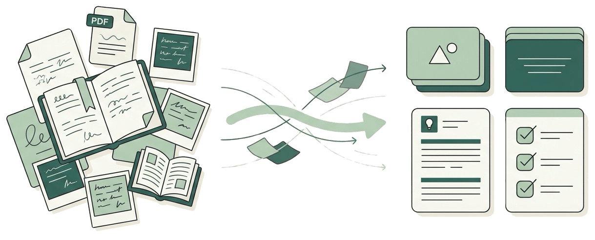 Scattered notes, PDFs, and slides transformed into an organized study set with materials, flashcards, and quizzes